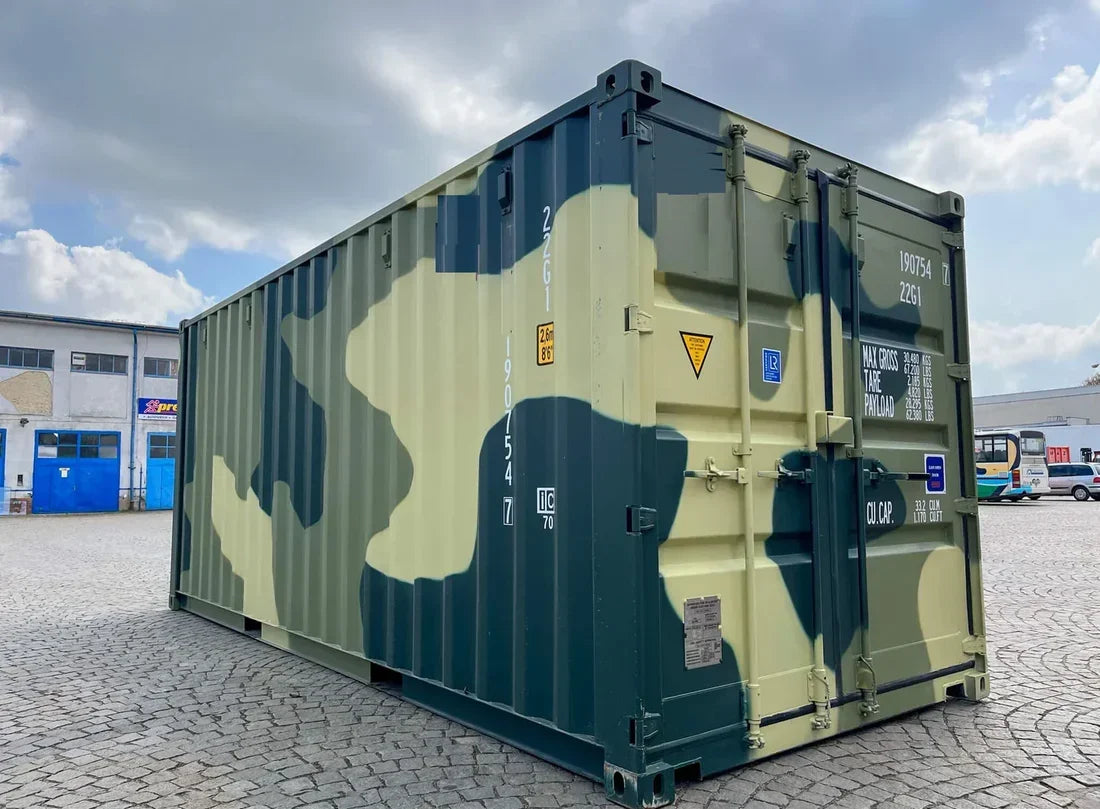 Contenedor marítimo 20 pies camuflaje nuevo - vista exterior | Sit Partners